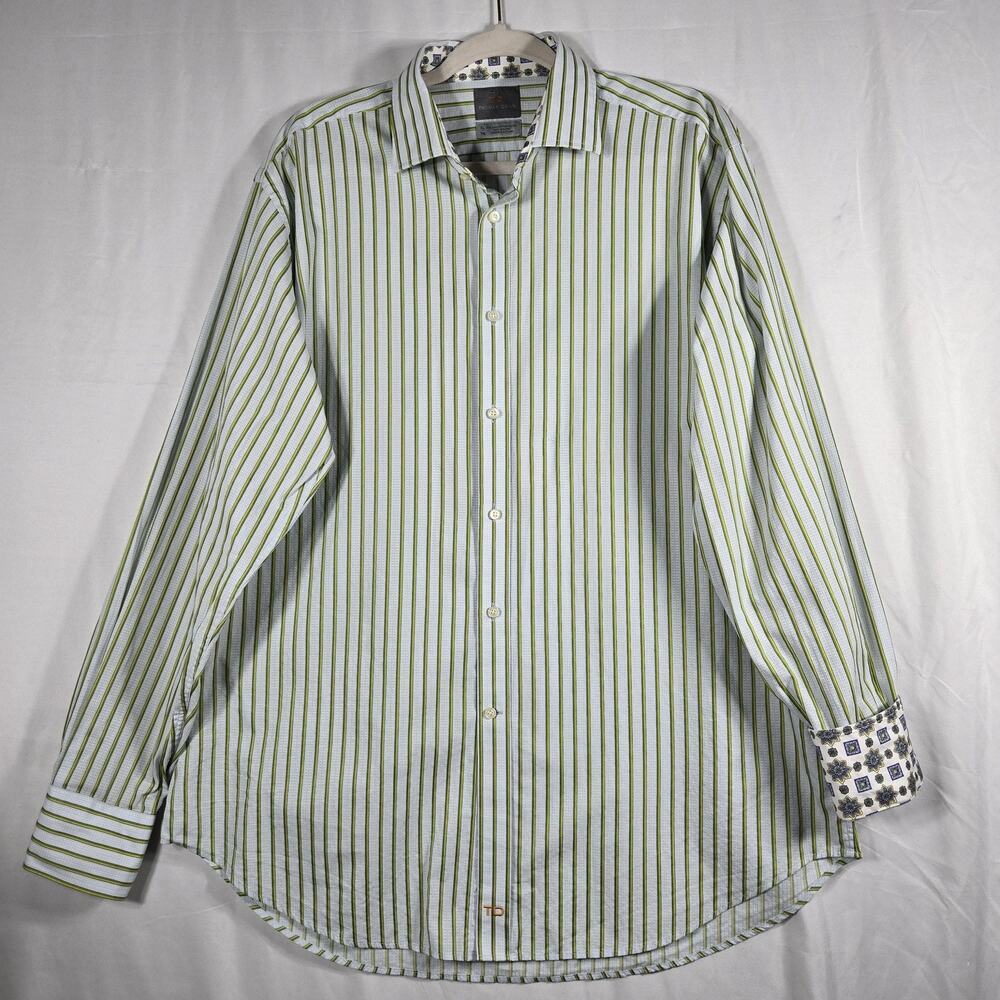 Thomas Dean Shirt Mens XL Green White Stripe Long Sleeve Contrast Cuff Button Up